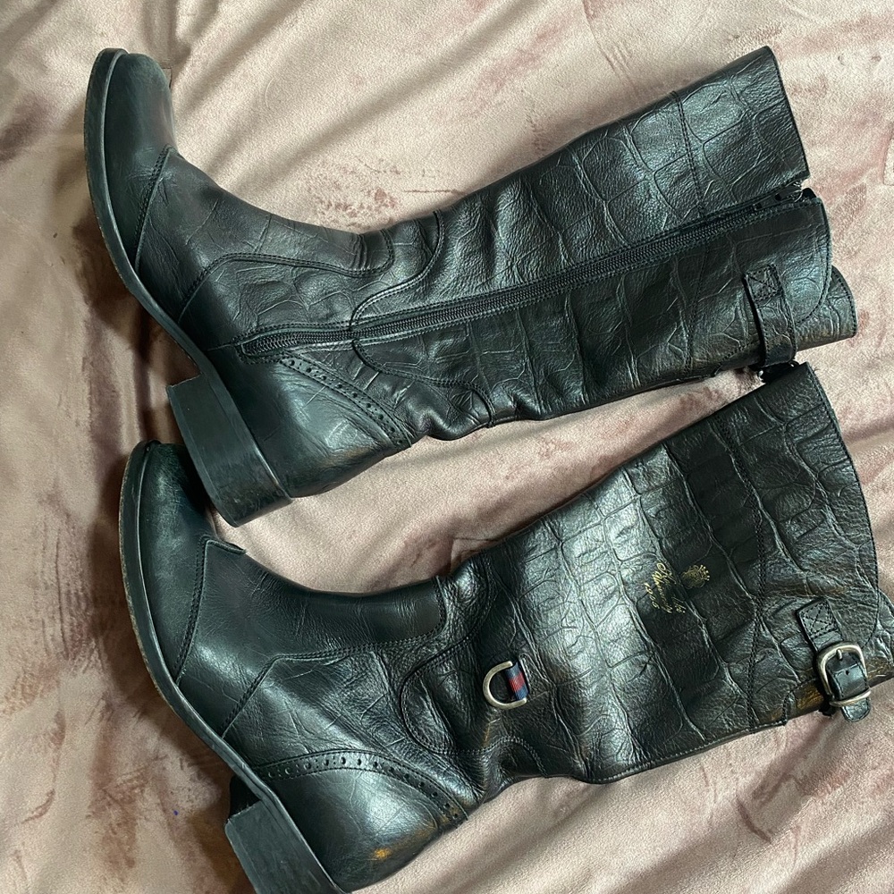 Black Leather Riding Boots with Textured snake skin